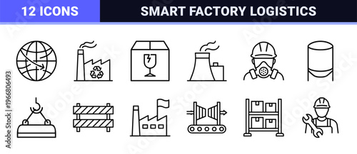 Industrial Manufacturing and Smart Factory Logistics Outline Icons Featuring Geometric Production Symbols and Automation Line Art Graphics