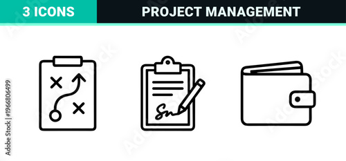 Project Management and Productivity Workflow Icons Featuring Minimalist Monoline Clipboard and Office Document Line Art Design