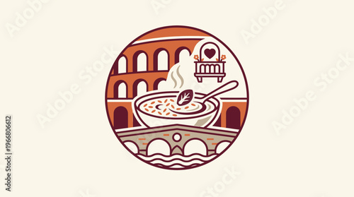 Italian Cuisine Logo with Colosseum Bridge and Food