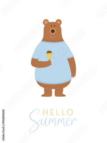 Hello summer card with bear with ice cream