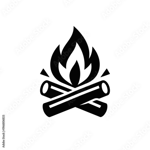 Minimalist black and white campfire icon featuring burning logs and a vibrant flame, symbolizing warmth, outdoor adventures, camping, relaxation, and cozy evenings under the stars. The perfect vector