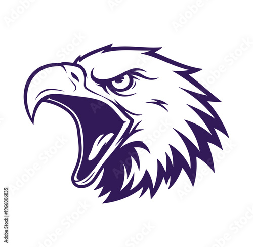 Purple eagle head with open beak on white background