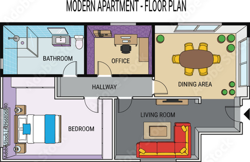 Modern apartment floor plan with bedroom, bathroom, office, hallway, living room, dining area, furniture arrangement, architectural design visualization