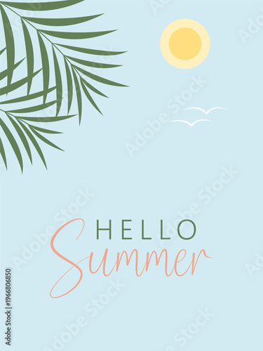 Hello summer card, banner in trendy bright colors with tropical leaves