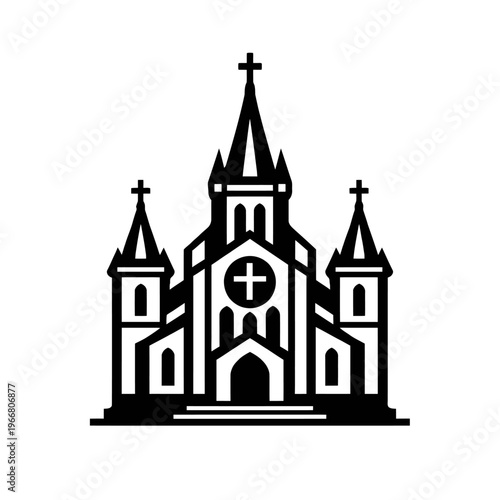 Symmetrical black and white Christian church icon, featuring a tall central spire and two smaller towers, all topped with crosses. This powerful vector logo represents faith, worship, spiritual commun