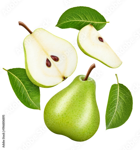 Falling green pears with leaves isolated on white background