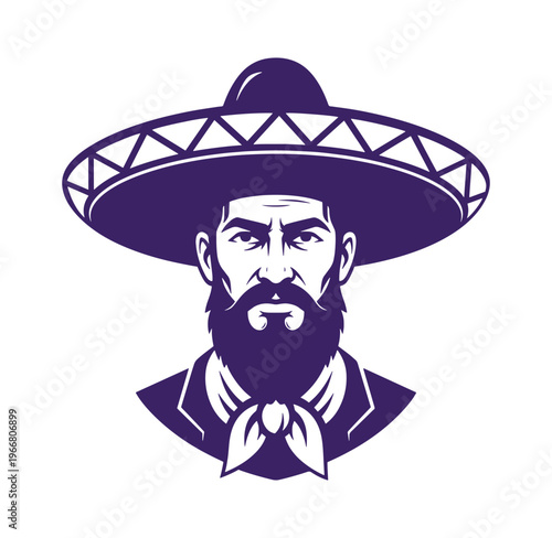 Purple illustration of a man wearing a sombrero and a bow tie on white background