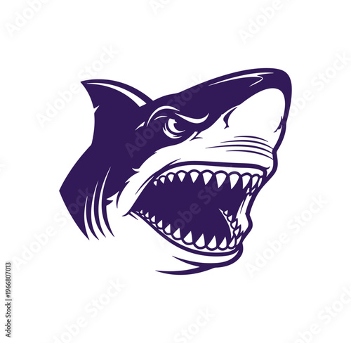 Purple shark head with open mouth and sharp teeth on white background