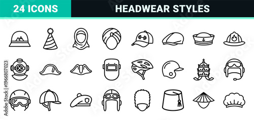 Headwear and Professional Headgear Line Art Set Featuring Minimalist Monoline Geometric Silhouettes for Modern Interface Design.