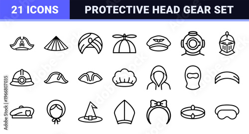 Professional Headwear and Protective Gear Outline Symbols Minimalist Geometric Line Art Set for Uniform and Fashion Interface Design