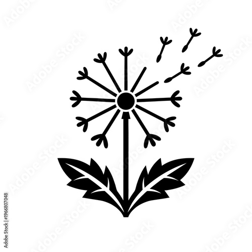 Black silhouette dandelion puffball, seeds scattering in wind. Iconic symbol of wishes, hope, nature's beauty, freedom. Minimalist botanical vector captures spring's essence, life cycles, growth, drea