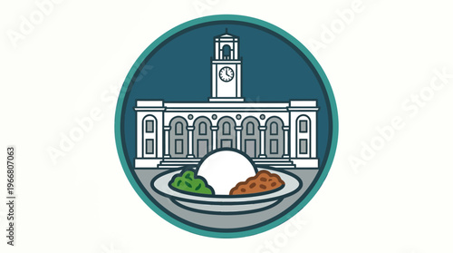 University Building Emblem with Food