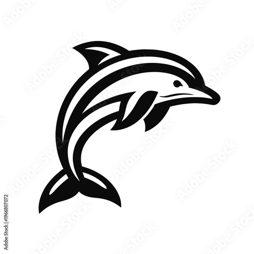 Black and white stylized dolphin logo. Modern vector graphic. Marine elegance, playful energy, oceanic freedom. Ideal for brands, sports teams, environmental organizations, aquatic businesses. Powerfu