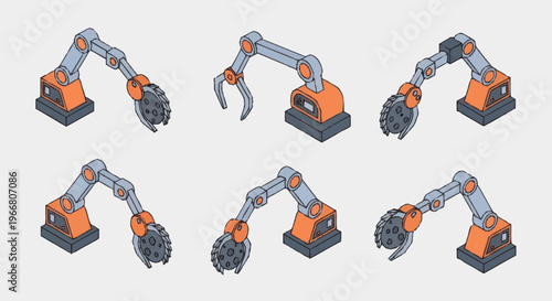 Set of Industrial Robotic Arms in Isometric View.