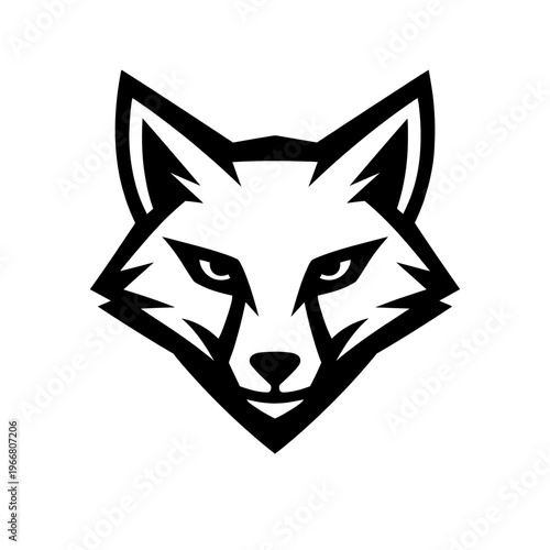 Dynamic black and white fox head logo. Fierce geometric vector mascot. Ideal for eSports, gaming, sports branding, modern graphic design. Minimalist animal icon embodies cunning, agility, strength for