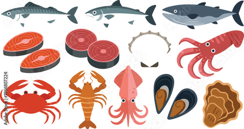 Minimal marine food collection featuring sea animals and raw fish portions arranged in grid layout modern flat design