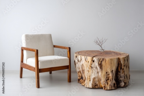 Minimalist interior features a white armchair next to a natural wood slice coffee table.
