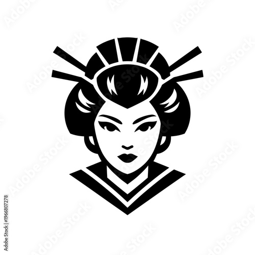 Elegant black and white vector illustration of a stylized Japanese geisha head, featuring traditional coiffure and captivating eyes, embodying Asian beauty and grace. Perfect for branding and modern c