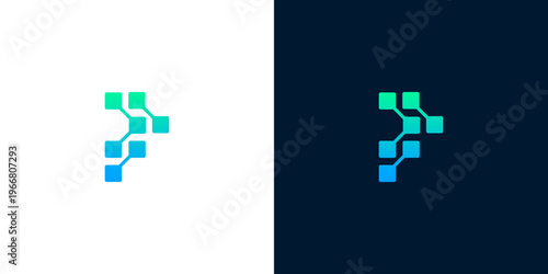 Dynamic 'P' letter logo formed by interconnected digital blocks, symbolizing modern technology, networking, and innovative solutions with a gradient color scheme for a professional brand identity