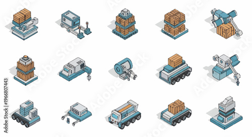 Isometric Industrial Automation and Logistics Icons Set.