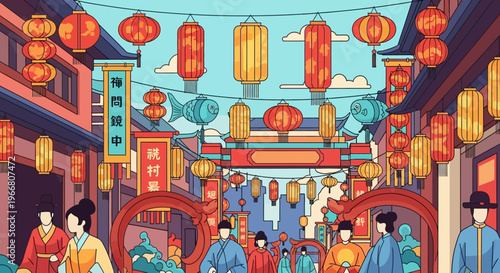 Chinese New Year Festival Scene with Traditional Lanterns and People