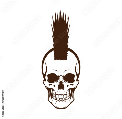 skull with mohawk haircut and headband on white background