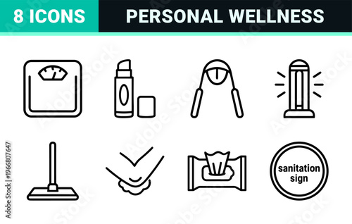 Modern Personal Hygiene and Medical Sanitation Monoline Outline Symbols for Professional Wellness and Clinical Dental Care Digital Interfaces.