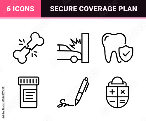 Minimalist Insurance and Risk Management Outline Icon Set featuring Financial Protection, Health, Auto, and Life Coverage Symbols