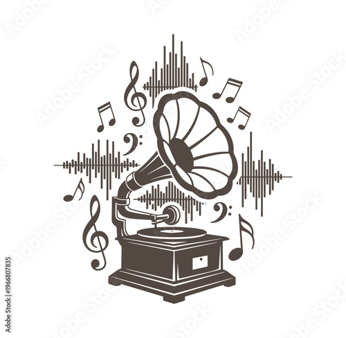 Vintage gramophone with musical notes and sound waves around it