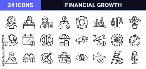Strategic Wealth Management and Financial Investment Outline Icons for Corporate Portfolios Featuring Minimalist Geometric Line Art