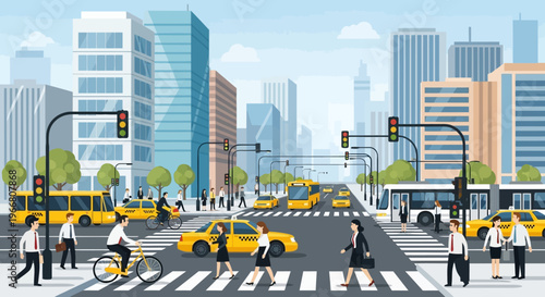 Busy City Street Intersection with Pedestrians and Traffic