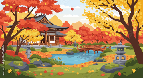 Japanese Garden with Traditional Temple and Autumn Foliage