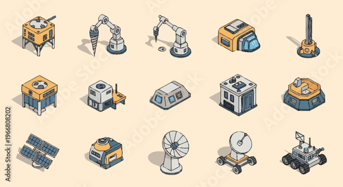 Isometric Industrial and Technology Building Icons Set.