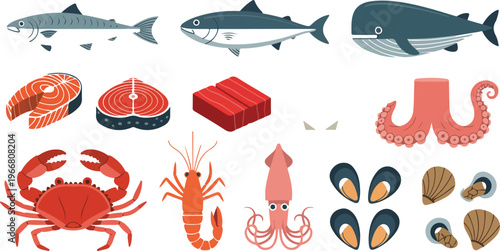 Minimal marine food collection featuring sea animals and raw fish portions arranged in grid layout modern flat design