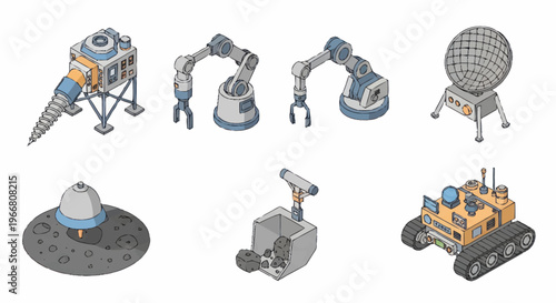 Collection of Isometric Space Exploration Robots and Equipment.