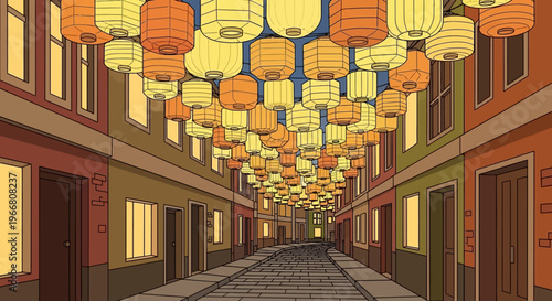 Narrow Street Decorated with Glowing Traditional Chinese Paper Lanterns