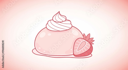 Cute Strawberry Mochi Dessert with Whipped Cream Illustration