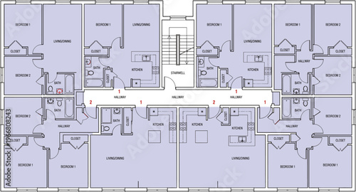 Detailed architectural floor plan of multi‑unit residential apartment building layout with bedrooms, living dining areas, kitchen, bath, closets, hallway