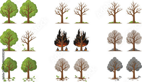 Tree Life Cycle Icon Set with Seasonal Changes, Wildfire Effects, and Nature's Growth Stages from Spring to Winter.