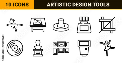 Artistic Creative Tools and Multimedia Design Elements Minimalist Monoline Vector Set for Digital and Traditional Arts
