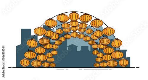 Chinese Lantern Archway Illustration with City Skyline Background
