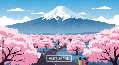 Mount Fuji and Cherry Blossom Landscape with People Walking
