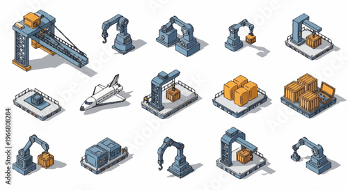 Isometric Industrial Automation and Logistics Icons Set.