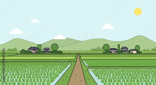 Flat Vector Illustration of Rural Japanese Rice Fields and Traditional Village Landscape