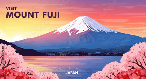 Mount Fuji Japan Travel Poster with Cherry Blossoms at Sunset