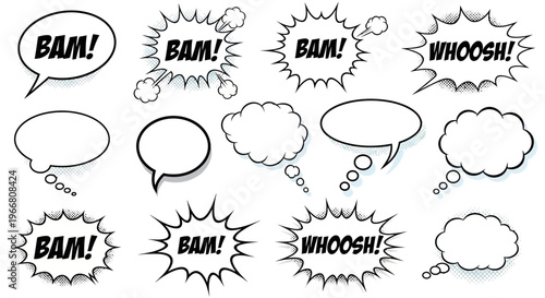 Comic Speech Bubbles with Sound Effects and Empty Blanks Vector Set