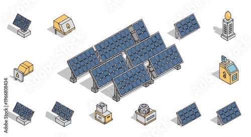 Solar Panel Array and Related Components Isometric Illustration.