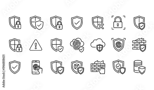 Security shield line icon collection with lock verification and data protection symbols editable stroke vector
