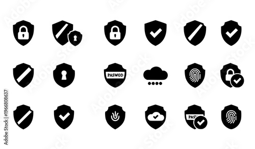Security shield icon set with lock check mark and protection symbols flat black vector cybersecurity icons