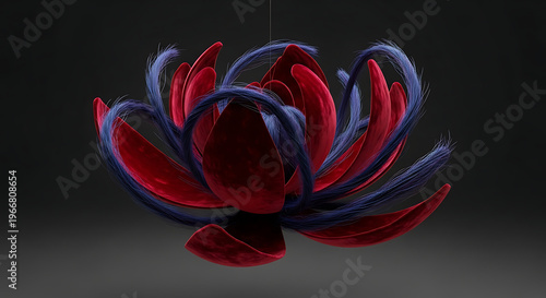 Dramatic, abstract red flower with delicate blue feather extensions